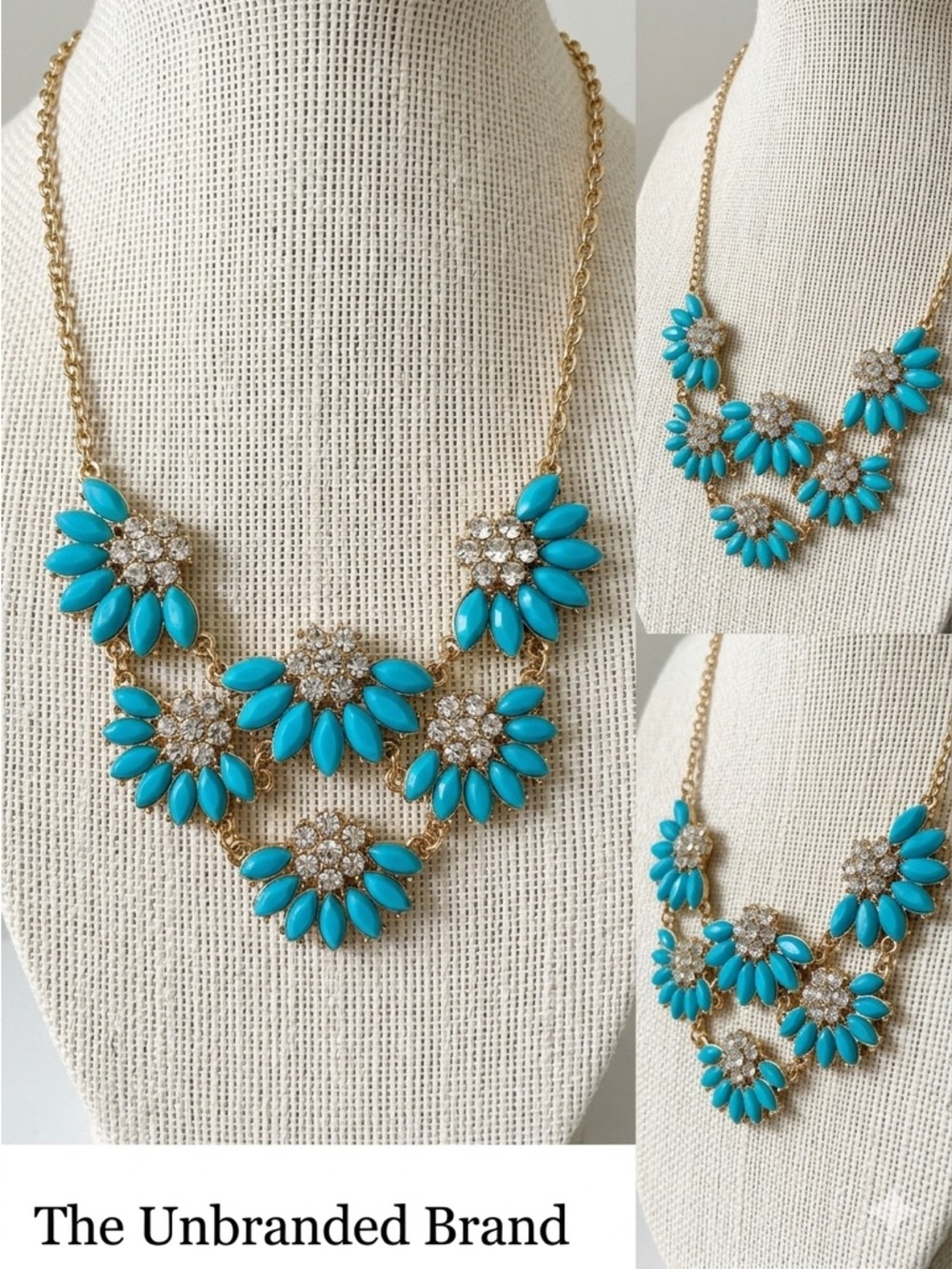 Mint Blue & Gold Floral Statement Bib Necklace - Rhinestone Flower Collar